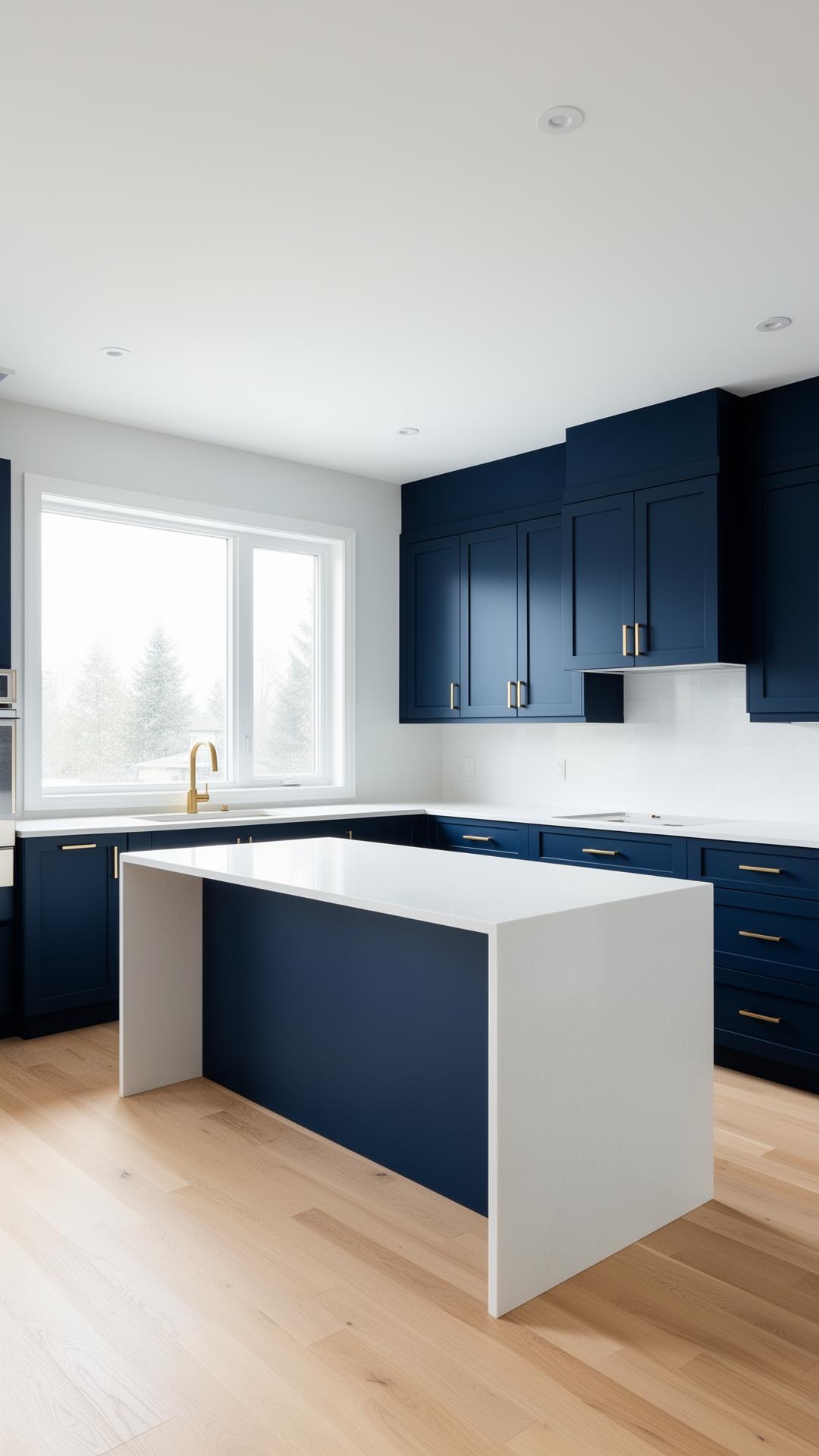 A finished modern Ottawa kitchen renovation with navy cabinetry and a white quartz island